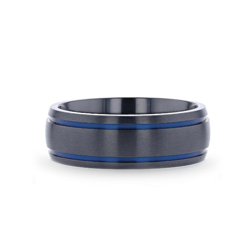 SHERIFF Domed Black Titanium Brushed Finish Mens Wedding Ring with Blue Grooves – 8mm Rings, Wedding Rings, Promise and Engagement Rings.