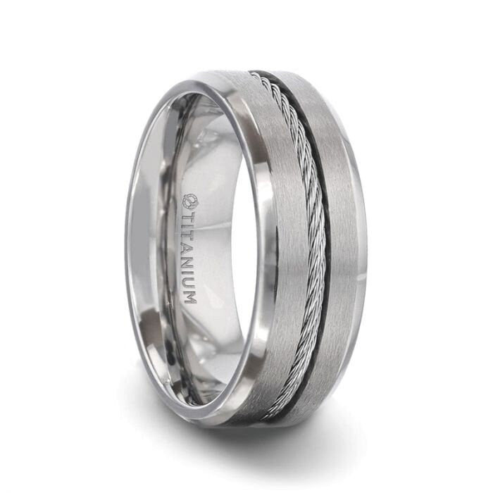 ALBERT Steel Cable Inlaid Brushed Center Titanium Men's Wedding Band With With Beveled Polished Edges - 8mm Rings,