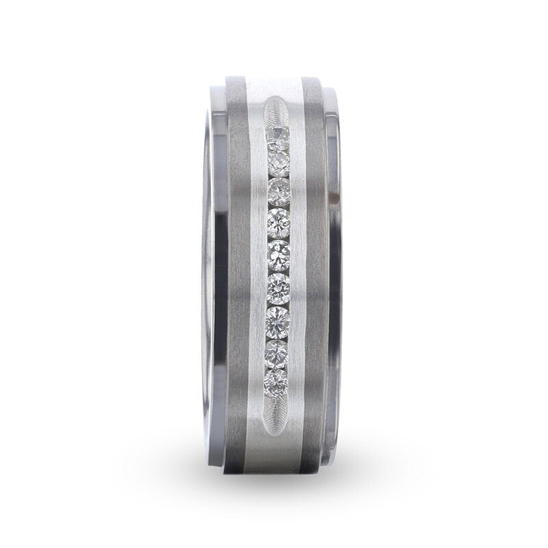 BOND Flat Brushed Silver Inlaid Titanium Men's Wedding Band With 9 Channel Set White Diamonds - 8mm Rings, Wedding and Engagement Rings.