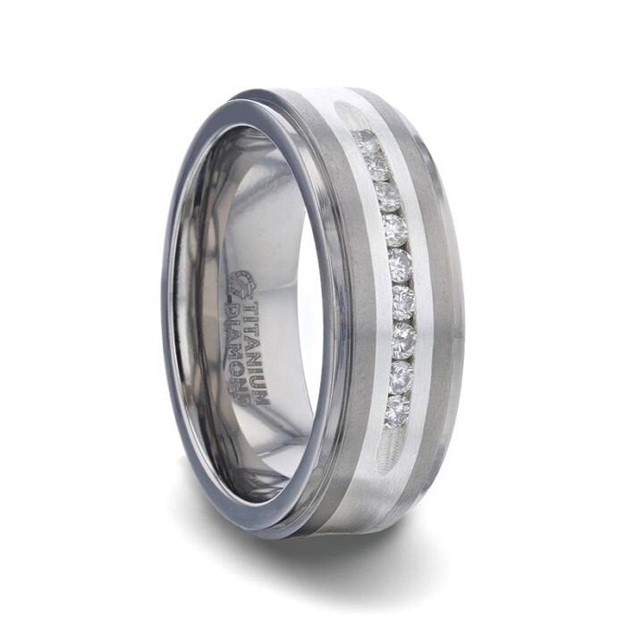 BOND Flat Brushed Silver Inlaid Titanium Men's Wedding Band With 9 Channel Set White Diamonds - 8mm Rings, Wedding and Engagement Rings.