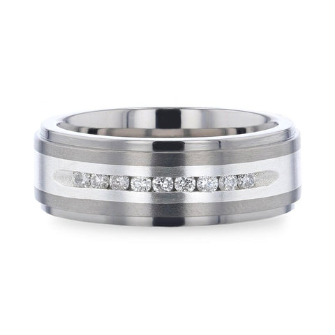 BOND Flat Brushed Silver Inlaid Titanium Men's Wedding Band With 9 Channel Set White Diamonds - 8mm Rings, Wedding and Engagement Rings.