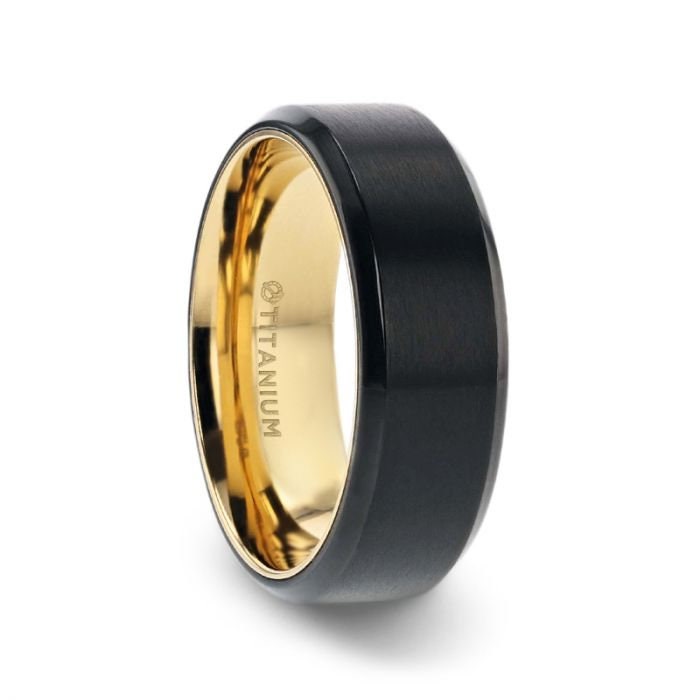 VELVET Flat Brushed Black Titanium Men's Wedding Ring With Yellow Gold Plating Interior And Beveled Polished Edges - 8mm Rings.