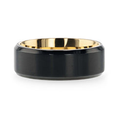 VELVET Flat Brushed Black Titanium Men's Wedding Ring With Yellow Gold Plating Interior And Beveled Polished Edges - 8mm Rings.