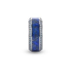 HYDRA Lapis Lazuli Inlaid Titanium Wedding Ring Polished Beveled Edges Set with Round Blue Diamonds - 10mm Rings.