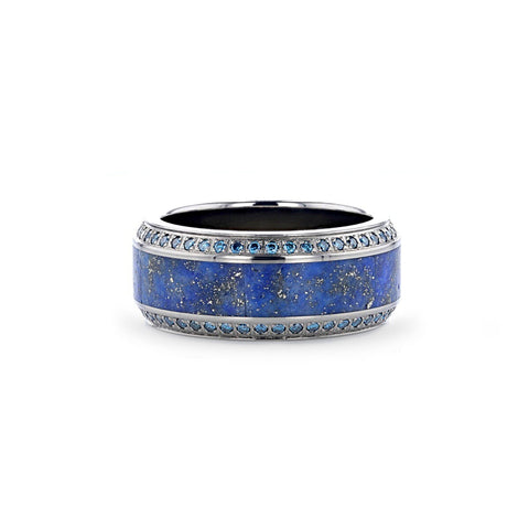 HYDRA Lapis Lazuli Inlaid Titanium Wedding Ring Polished Beveled Edges Set with Round Blue Diamonds - 10mm Rings.