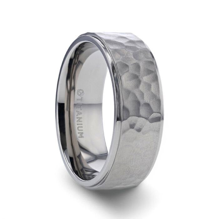 MINISTER Titanium Ring with Raised Hammered Finish and Polished Step Edges - 8 mm Rings, Wedding and Engagement Rings.