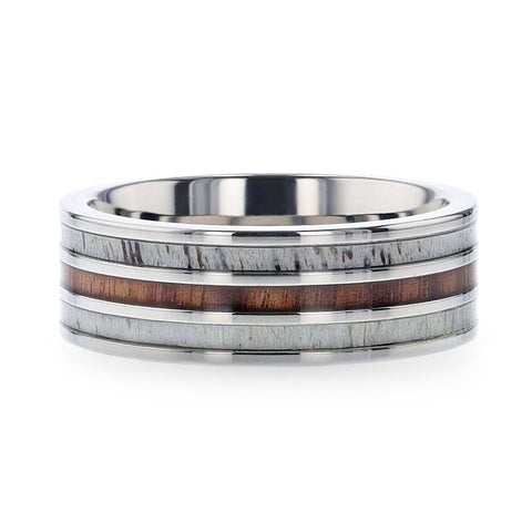 TRIPOLI Wood Inlaid Titanium Flat Polished Finish Men's Wedding Ring With White Double Deer Antler Edges - 8mm Rings, Wedding Rings.