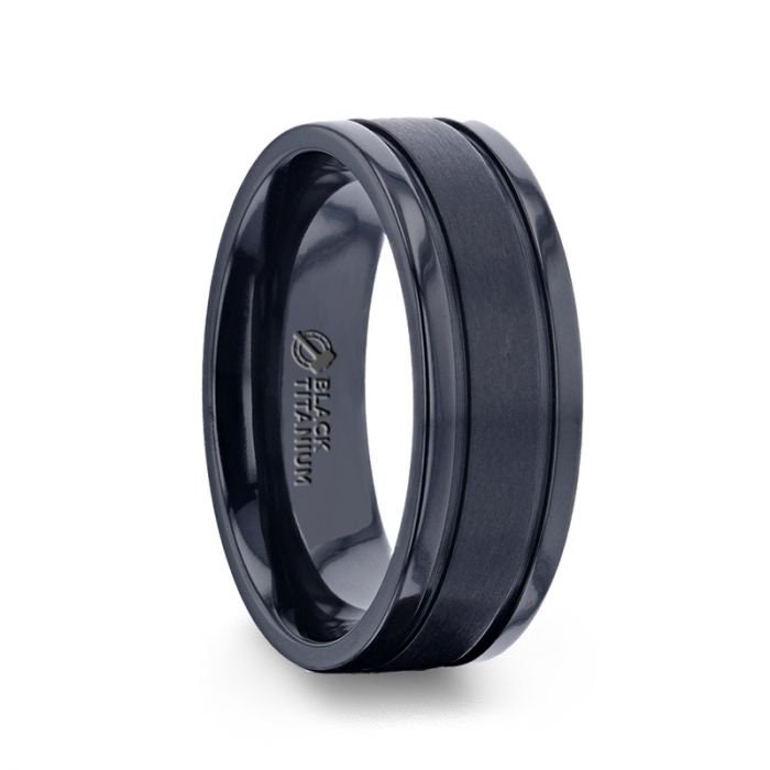 WOLVERINE Brushed Center Black Titanium Men's Wedding Band With Polished Dual Offset Grooves - 8mm Rings, Wedding Rings.