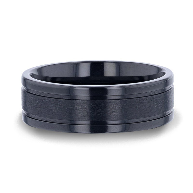 WOLVERINE Brushed Center Black Titanium Men's Wedding Band With Polished Dual Offset Grooves - 8mm Rings, Wedding Rings.