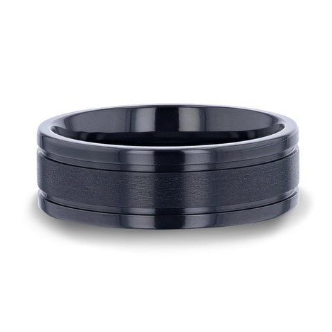 WOLVERINE Brushed Center Black Titanium Men's Wedding Band With Polished Dual Offset Grooves - 8mm Rings, Wedding Rings.