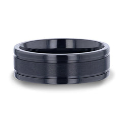 WOLVERINE Brushed Center Black Titanium Men's Wedding Band With Polished Dual Offset Grooves - 8mm Rings, Wedding Rings.