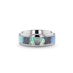 KAUI Titanium Polished Finish Mother Of Pearl Inlaid Mens Beveled Wedding Band - 6mm & 8mm Rings, Wedding and engagement Rings.