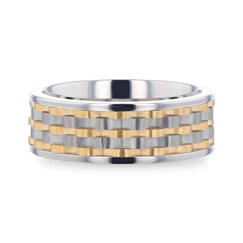 MONTROSE Wavy Gold And Gunmetal Texture Pattern Inlaid Titanium Men's Wedding Band With Flat Polished Profile - 8mm Rings, Wedding Rings.