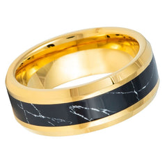 Yellow Gold IP with Synthetic Black Turquoise Beveled Edge - 8mm Ring