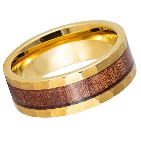 Men's Yellow Gold Band Ip Plated Hammered With Hawaiian Koa Wood Inlay- 8mm Tungsten Ring