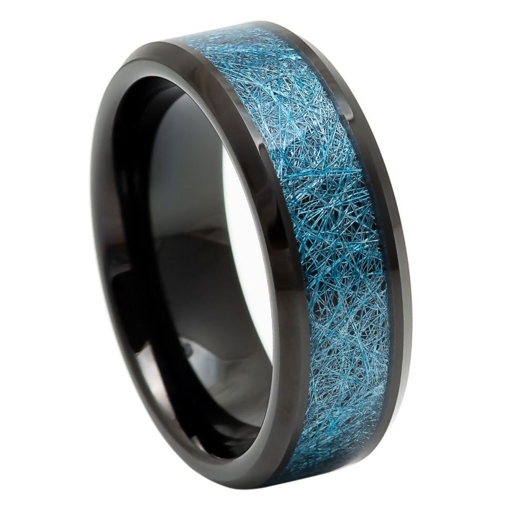 Men's Black Ip Plated With Blue Silk Thread Inlay- 8mm Tungsten Tungsten Ring