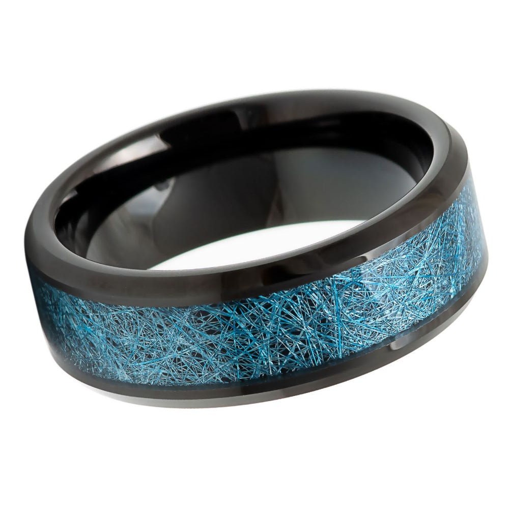 Men's Black Ip Plated With Blue Silk Thread Inlay- 8mm Tungsten Tungsten Ring