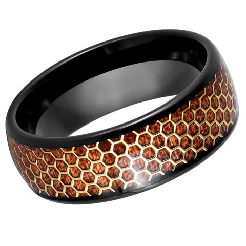 Men's Dome Black Ip With Honeycomb Cut-Out Rosewood Inlay- 8mm Tungsten Ring