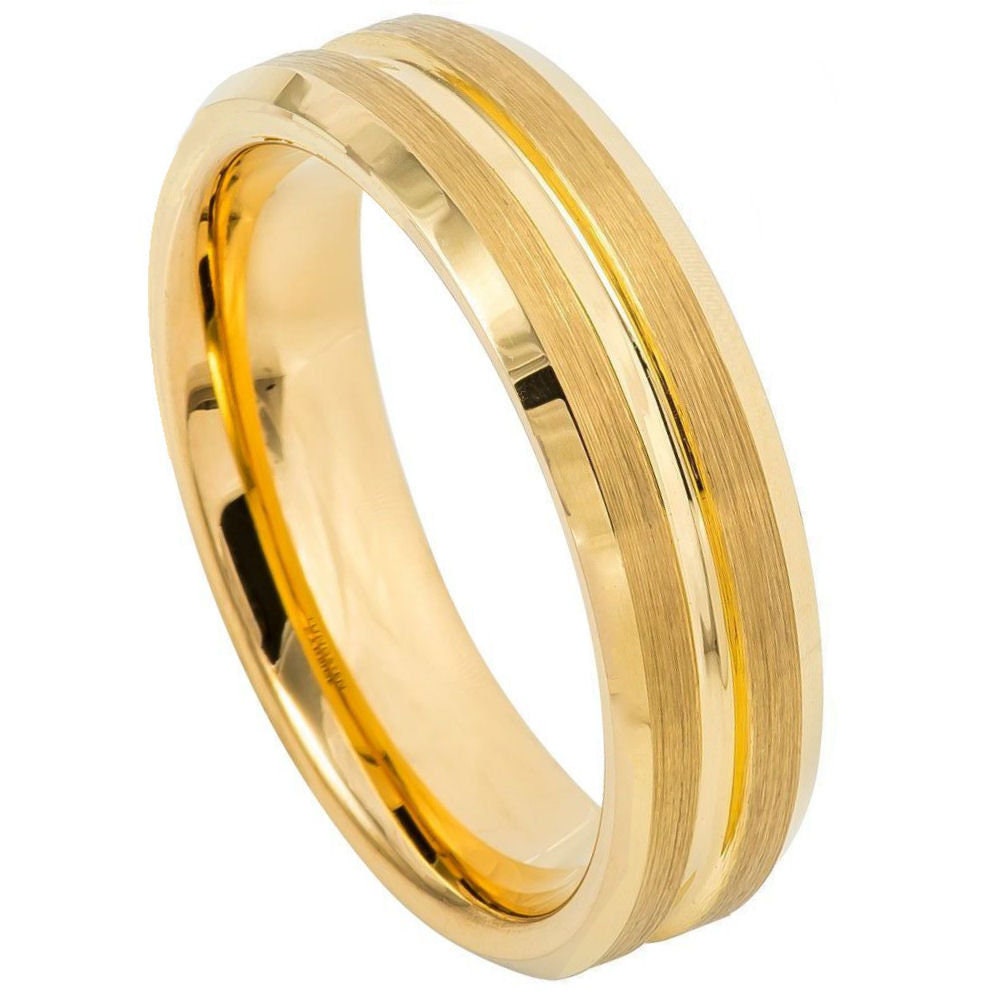 Men's Tungsten Tungsten Ring Yellow Gold Ip Plated Grooved Center Brushed Beveled Edge 6mm And 8mm Tungsten Ring