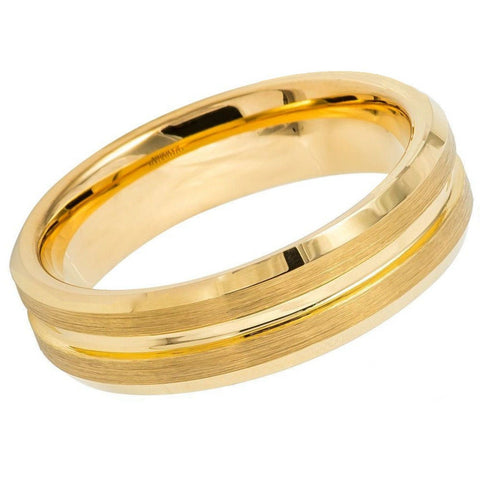 Men's Tungsten Tungsten Ring Yellow Gold Ip Plated Grooved Center Brushed Beveled Edge 6mm And 8mm Tungsten Ring