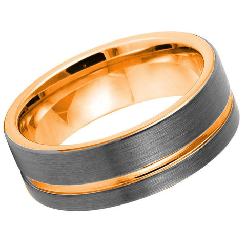 Men's Gun Metal Ip Plated With Off Center Rose Gold Plated Groove- 6mm & 8mm Tungsten Ring