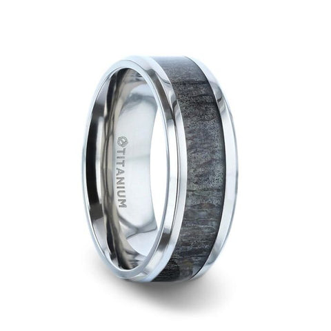 MELANISTIC Dark Deer Antler Inlaid Titanium Flat Polished Finish Men's Wedding Band With Beveled Edges - 8mm Rings, Wedding Rings.