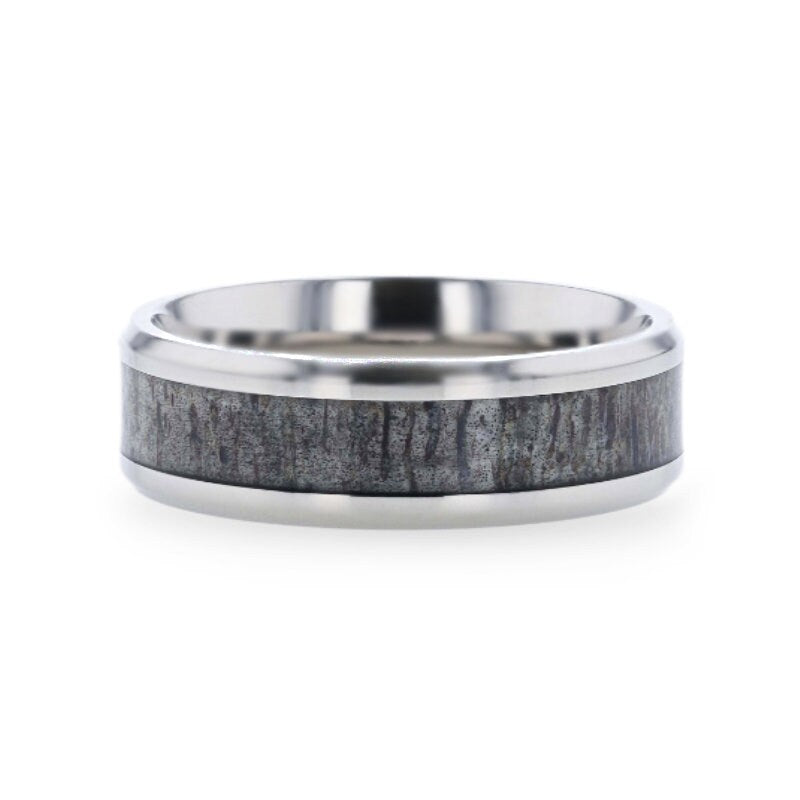 MELANISTIC Dark Deer Antler Inlaid Titanium Flat Polished Finish Men's Wedding Band With Beveled Edges - 8mm Rings, Wedding Rings.