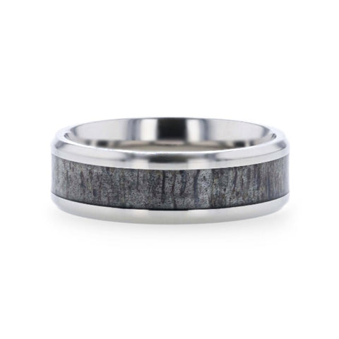 MELANISTIC Dark Deer Antler Inlaid Titanium Flat Polished Finish Men's Wedding Band With Beveled Edges - 8mm Rings, Wedding Rings.