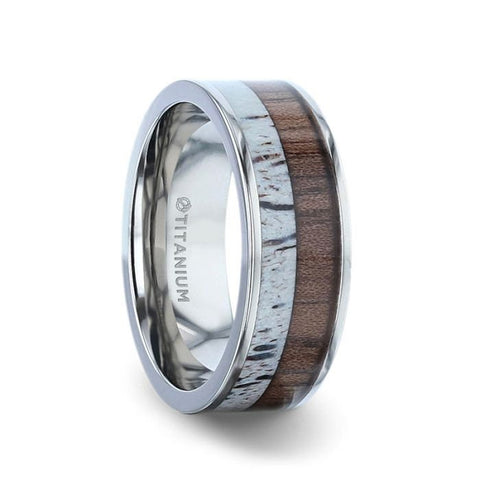 DARBY Titanium Polished Finish Flat Men's Wedding Ring With Deer Antler And Black Walnut Wood Inlay - 8mm Rings, Wedding Rings.