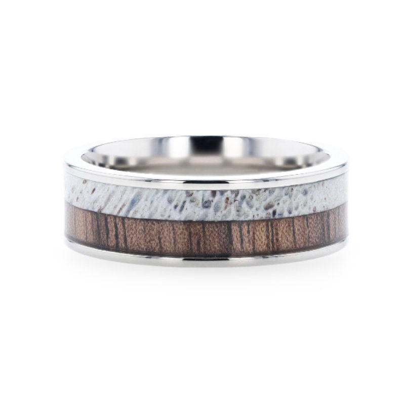 DARBY Titanium Polished Finish Flat Men's Wedding Ring With Deer Antler And Black Walnut Wood Inlay - 8mm Rings, Wedding Rings.