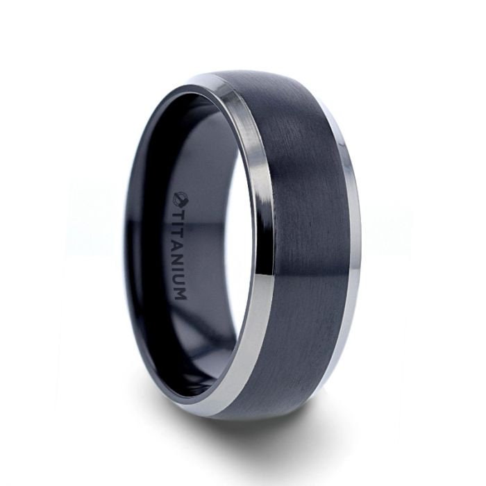 NOLAN Brushed Domed Black Titanium Wedding Band with Polished Beveled Edges - 8mm Rings, Promise and Wedding Rings.
