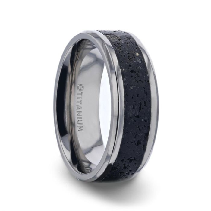 MAUNA Black And Gray Lava Inlaid Titanium Men's Wedding Band With Polished Beveled Edges - 8mm Rings, Promise and Wedding Rings.