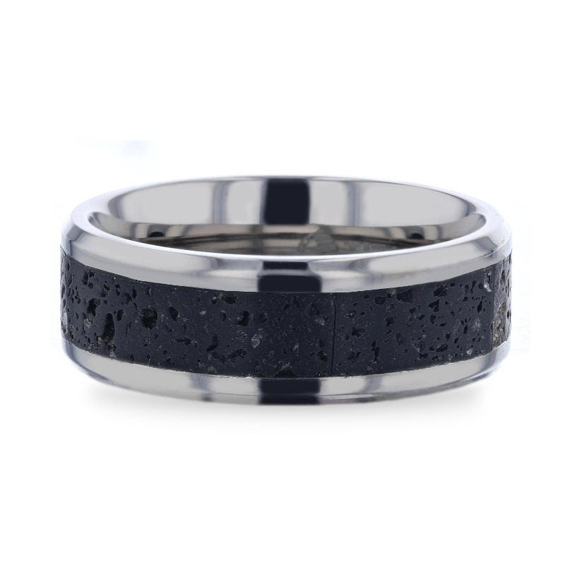 MAUNA Black And Gray Lava Inlaid Titanium Men's Wedding Band With Polished Beveled Edges - 8mm Rings, Promise and Wedding Rings.