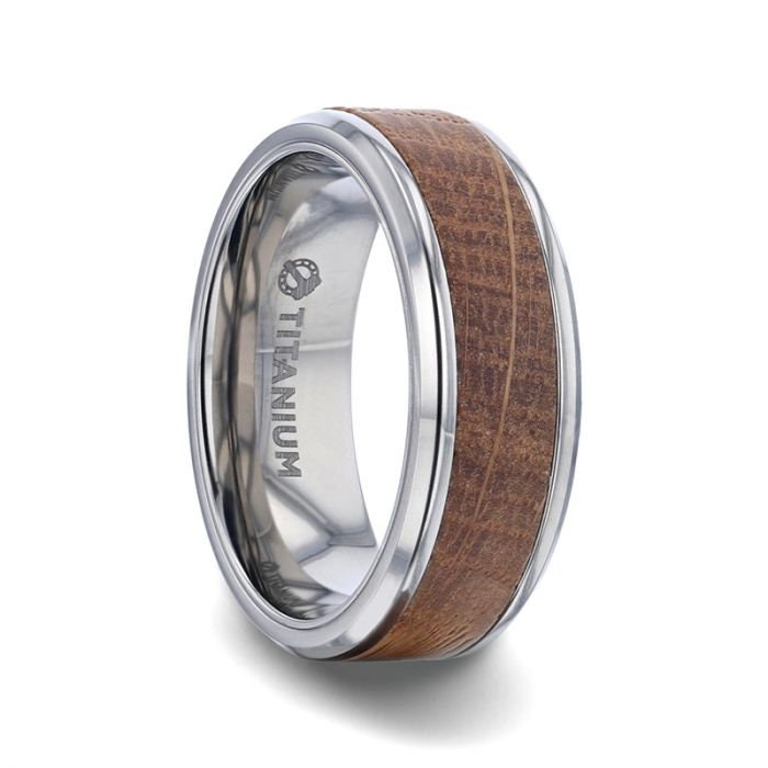 CASK Whiskey Barrel Inlaid Titanium Men's Wedding Band With Beveled Polished Edges Made From Genuine Whiskey Barrels JD Distillery 8mm Rings