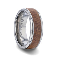 CASK Whiskey Barrel Inlaid Titanium Men's Wedding Band With Beveled Polished Edges Made From Genuine Whiskey Barrels JD Distillery 8mm Rings