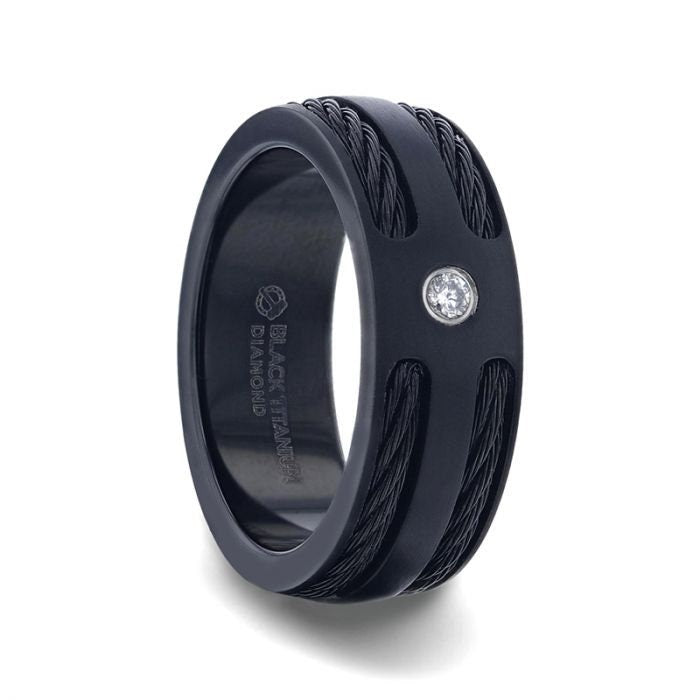 NOIR Double Black Rope Inlaid Brushed Matte Black Titanium Men's Wedding Band Black Edge Channel Setting & White Diamond Center - 8mm Rings