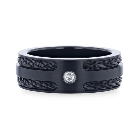 NOIR Double Black Rope Inlaid Brushed Matte Black Titanium Men's Wedding Band Black Edge Channel Setting & White Diamond Center - 8mm Rings