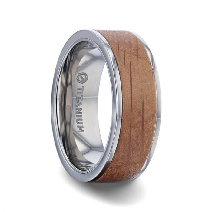 STILL Whiskey Barrel Inlaid Titanium Men's Wedding Band Flat Polished Edges Made Genuine Whiskey Barrels Used By J D Distillery - 8mm Rings