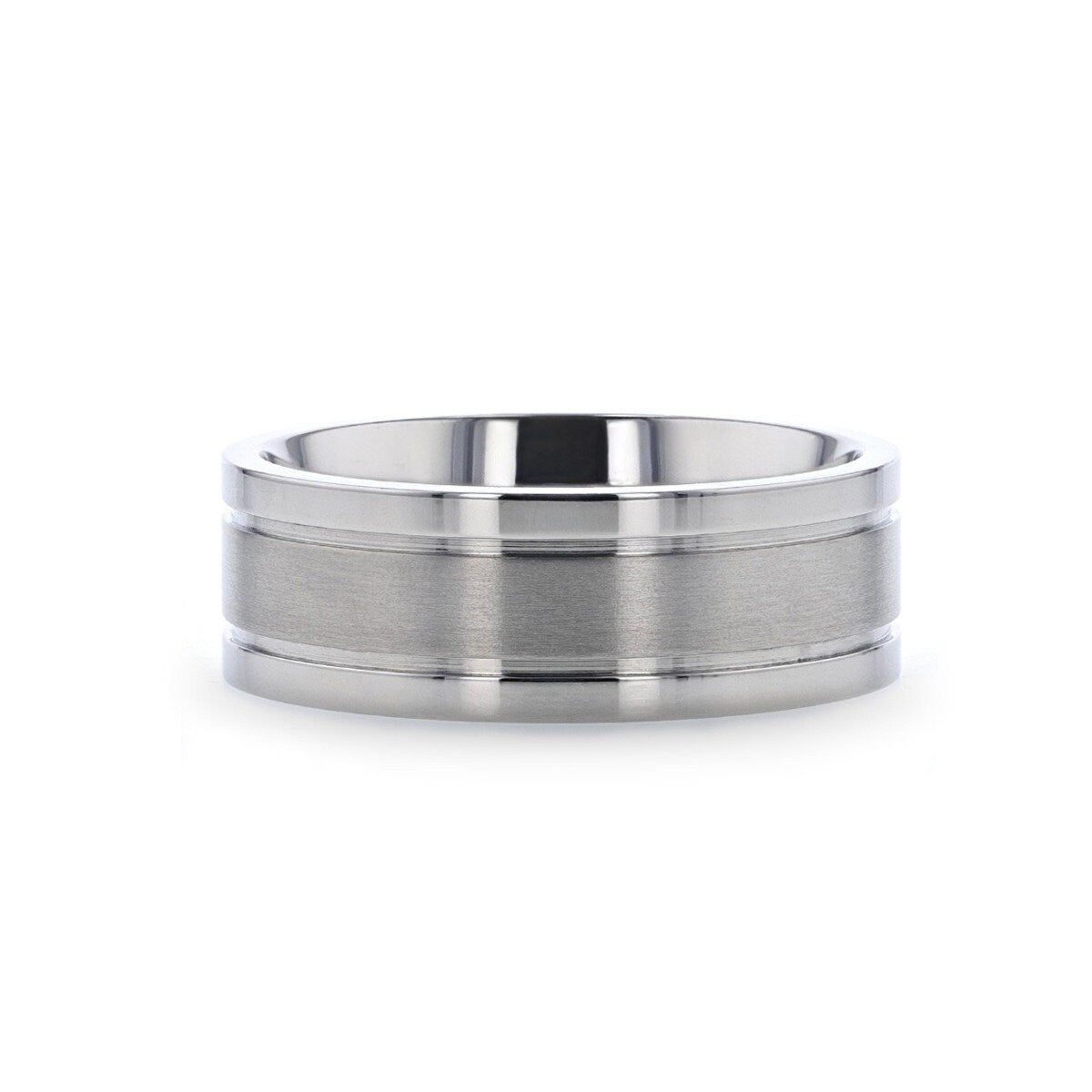 MAGNUM Flat Polished Edge Titanium Band with Offset Grooves and Satin Center - 8 mm Rings, Wedding and Promise Rings.