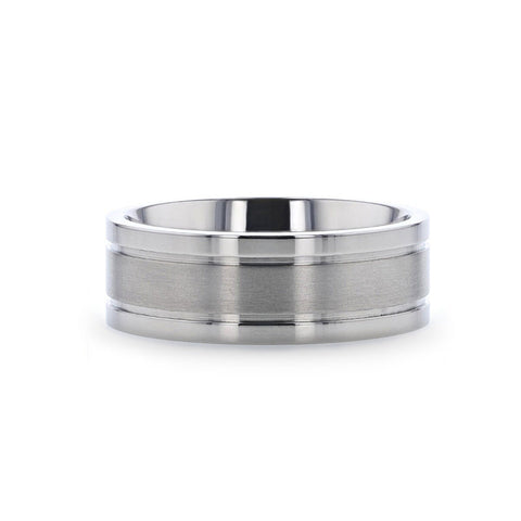 MAGNUM Flat Polished Edge Titanium Band with Offset Grooves and Satin Center - 8 mm Rings, Wedding and Promise Rings.