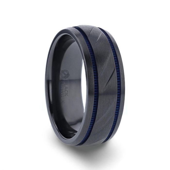 PATROL Black Titanium Carved Diagonal Pattern Brushed Finish Mens Wedding Ring with Blue Milgrain Grooves – 8mm Rings, Wedding Rings.