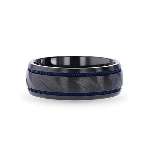 PATROL Black Titanium Carved Diagonal Pattern Brushed Finish Mens Wedding Ring with Blue Milgrain Grooves – 8mm Rings, Wedding Rings.