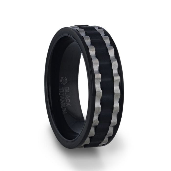 GEAR Two Toned Wavy Centered Brushed Black Titanium Men's Wedding Band With Flat Polished Edges - 8mm Rings, Wedding and Promise Rings.