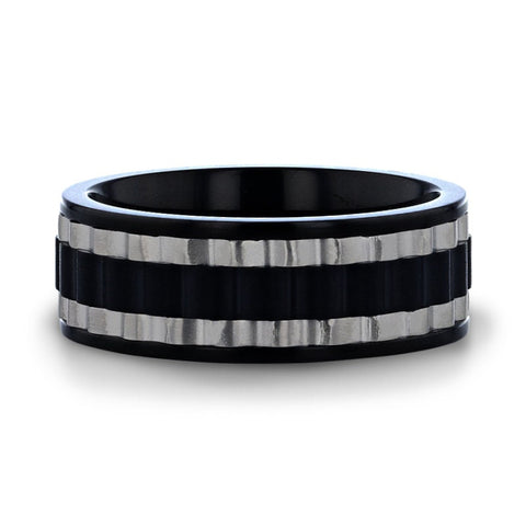 GEAR Two Toned Wavy Centered Brushed Black Titanium Men's Wedding Band With Flat Polished Edges - 8mm Rings, Wedding and Promise Rings.