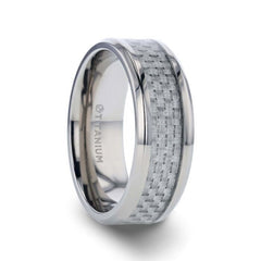 TANTALUS Beveled Edge Titanium Ring with White Carbon Fiber Inlay - 8mm Rings, Wedding and Promise Rings.