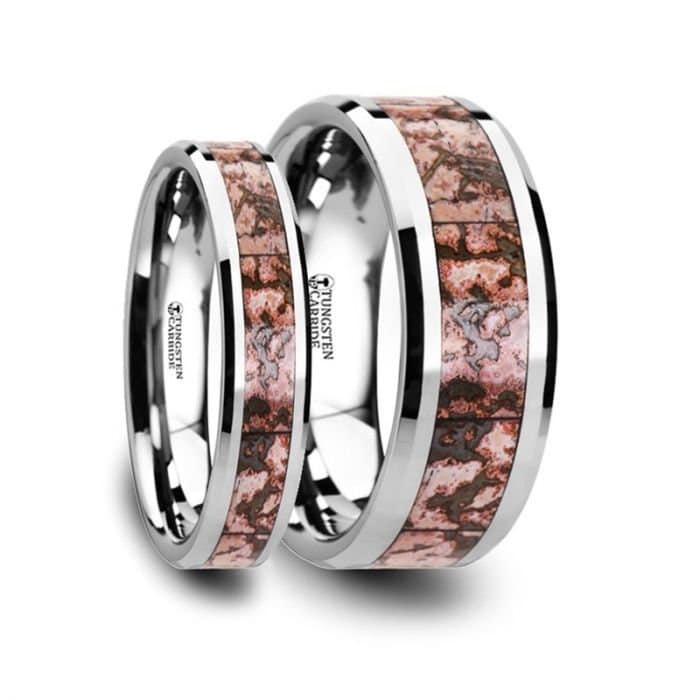 Archean Matching Ring Set Pink Dinosaur Bone Inlaid Tungsten Carbide Beveled Edged Ring - 4mm - 8 mm Rings, Wedding and Promise Rings.