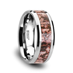 Archean Matching Ring Set Pink Dinosaur Bone Inlaid Tungsten Carbide Beveled Edged Ring - 4mm - 8 mm Rings, Wedding and Promise Rings.