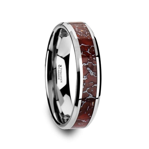 Matching Ring Set Red Dinosaur Bone Inlaid Tungsten Carbide Beveled Edged Ring - 4mm & 8mm Rings, Wedding and Promise Rings.