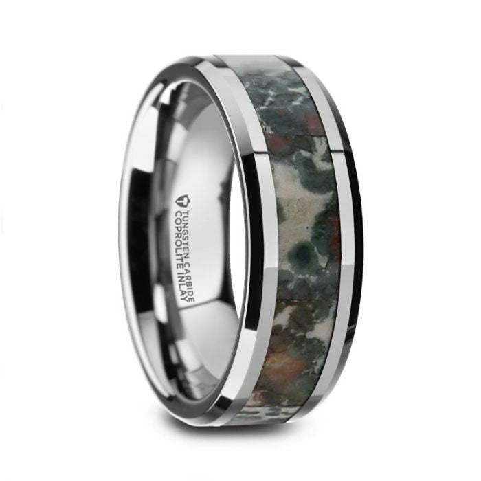 CRETACEOUS Tungsten Carbide Beveled Men's Wedding Band with Coprolite Fossil Inlay - 8mm Rings, Wedding and Promise Rings.