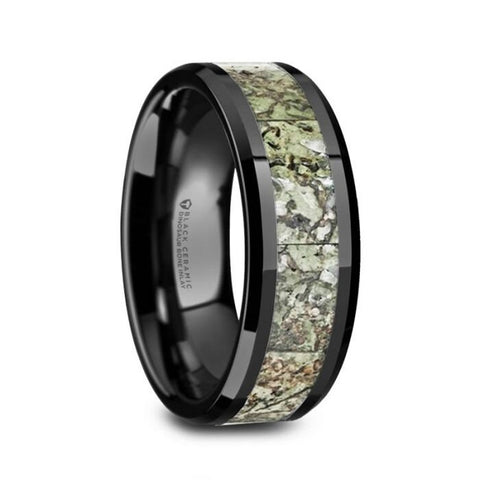 DROGON Light Green Dinosaur Bone Inlaid Black Ceramic Men’s Wedding Band with Polished Beveled Edges – 8mm Rings, Wedding and Promise Rings.